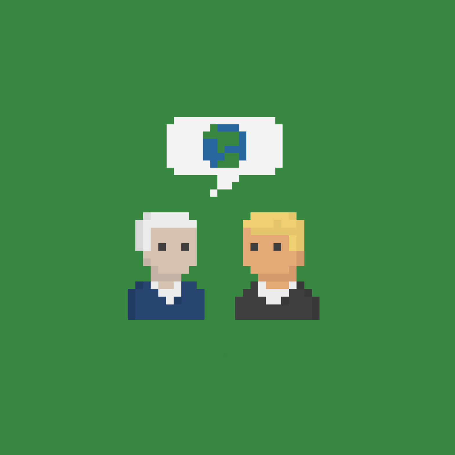 Biden and Trump standoff, a speech bubble with a Earth floats above